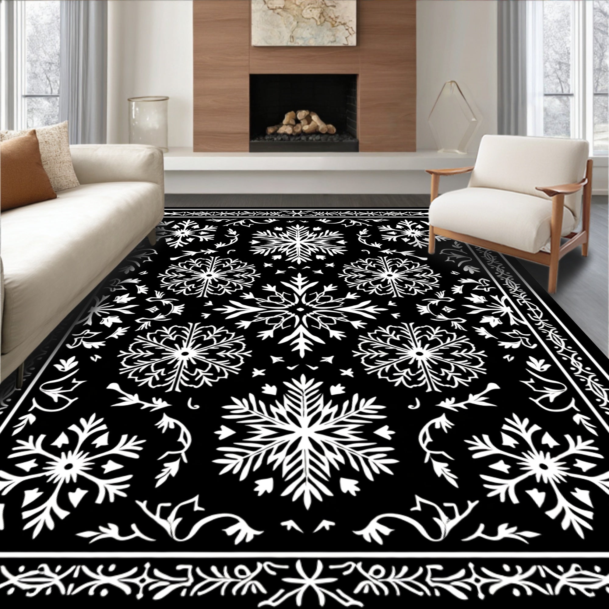 Black White Snowflake Mandala Border Rug