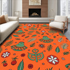 Playful Orange Green Bird Floral Medallion Rug