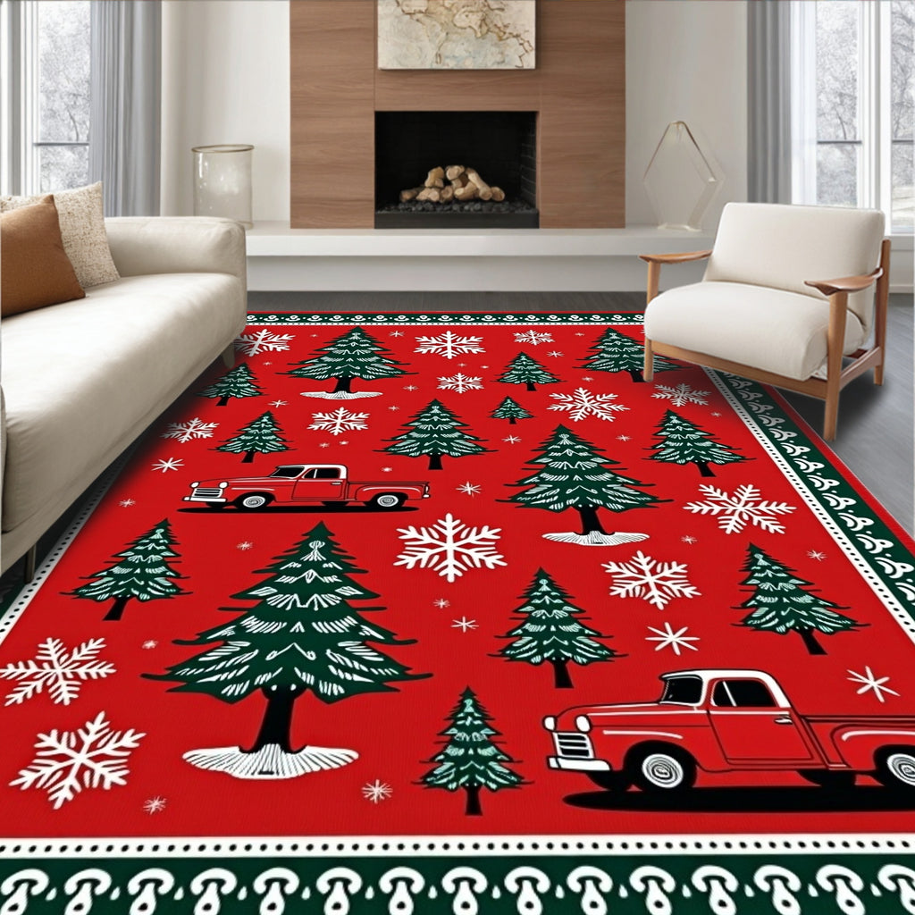 Red Vintage Truck Christmas Trees Rug