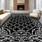 Bold Black White Geometric Scroll Rug