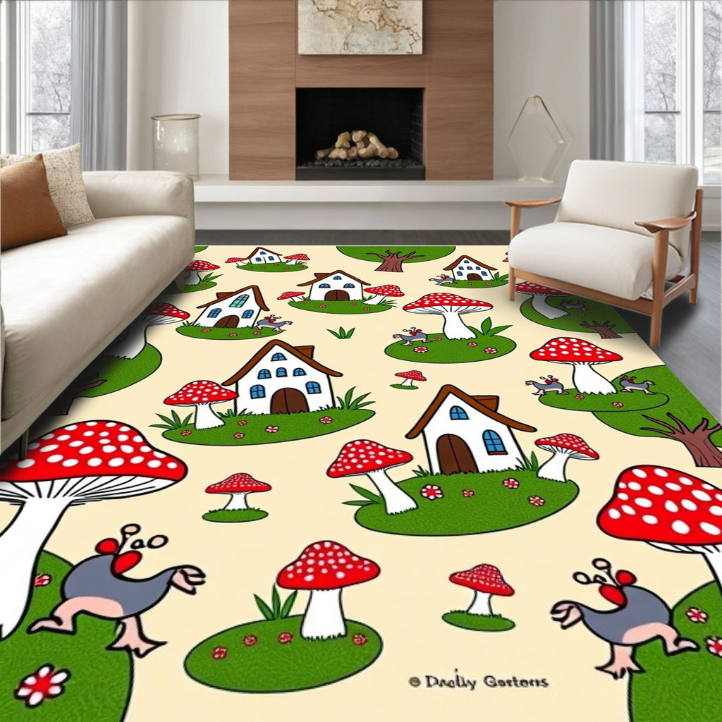Whimsical Red Mushroom Houses and Creatures Rug