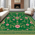 Emerald Green Pink Floral Garden Rug