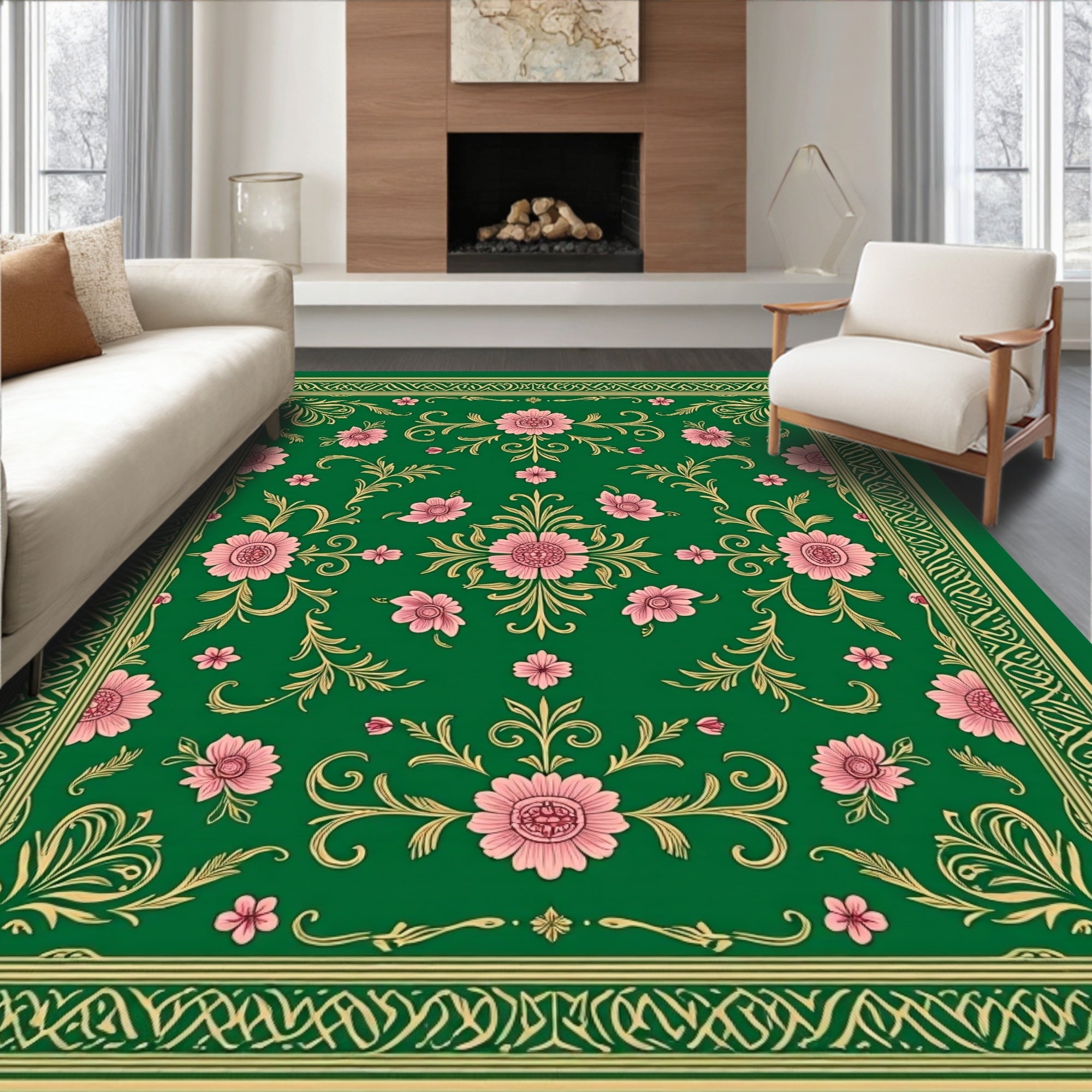 Emerald Green Pink Floral Garden Rug
