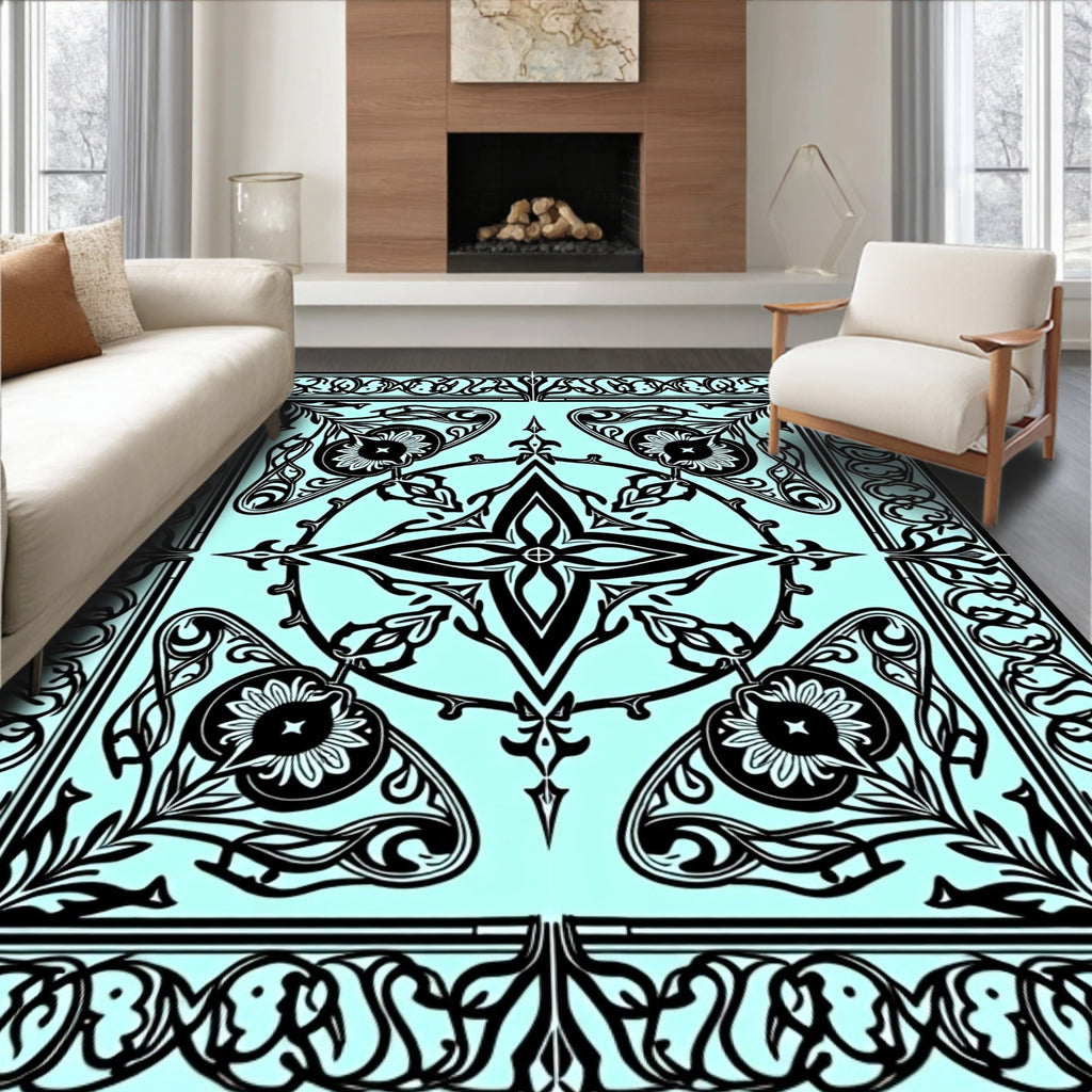 Art Nouveau Black Cyan Floral Medallion Rug