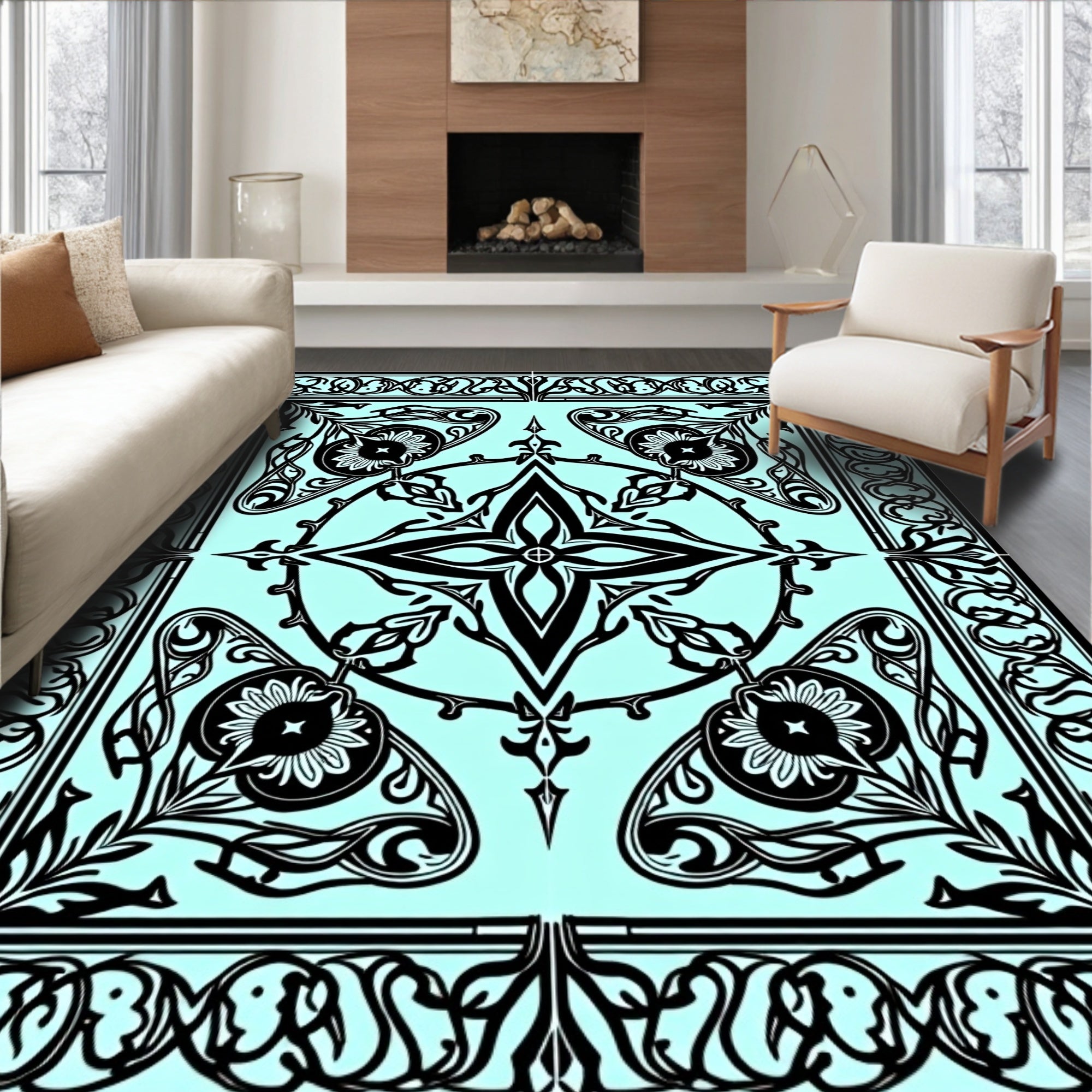 Art Nouveau Black Cyan Floral Medallion Rug