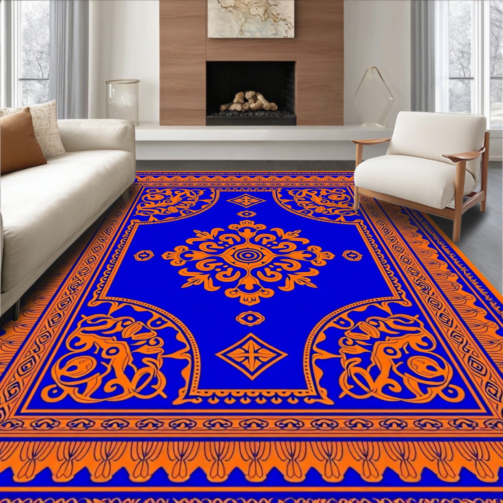 Vibrant Blue Orange Floral Medallion Rug