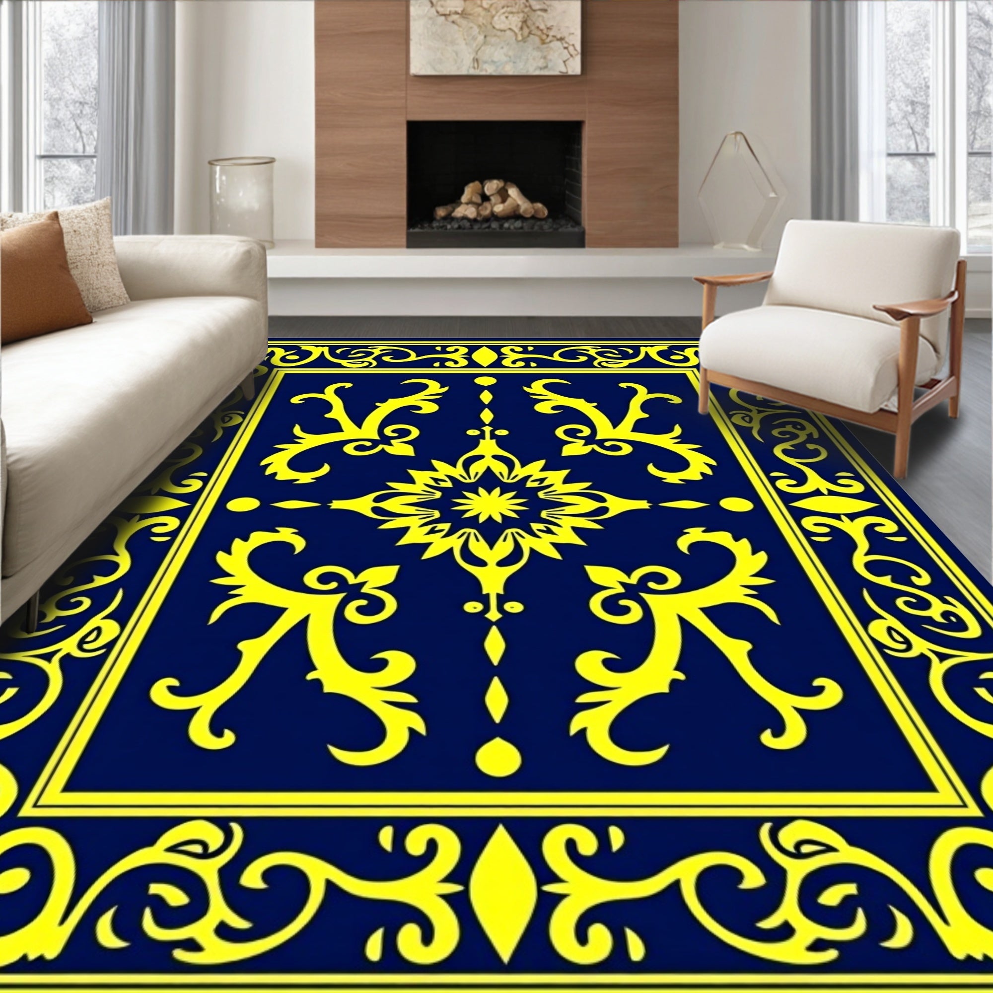 Navy Blue Golden Floral Medallion Rug