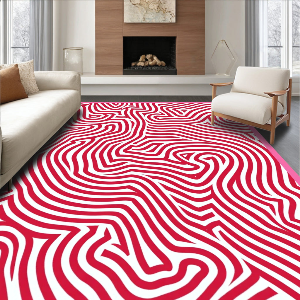 Bright Red White Wavy Stripes Rug