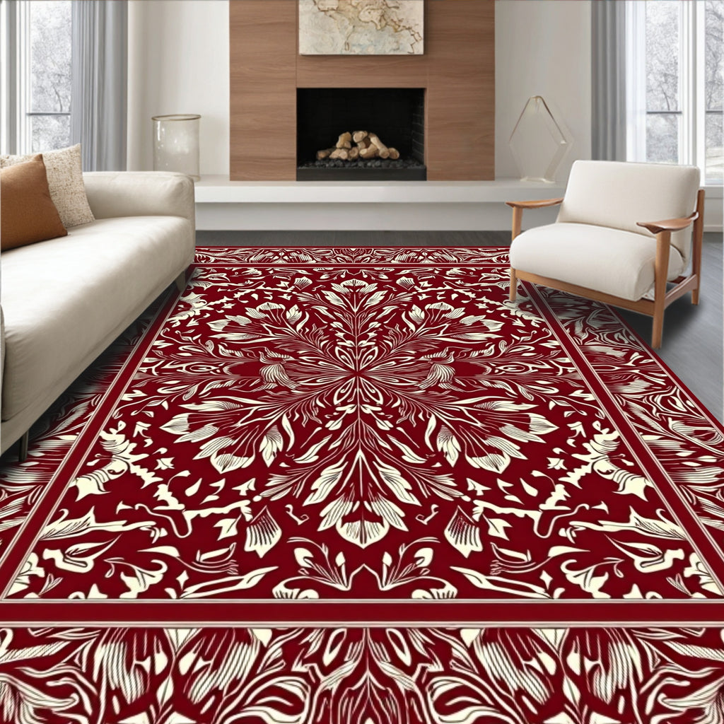 Deep Red Floral Burst Mandala Rug