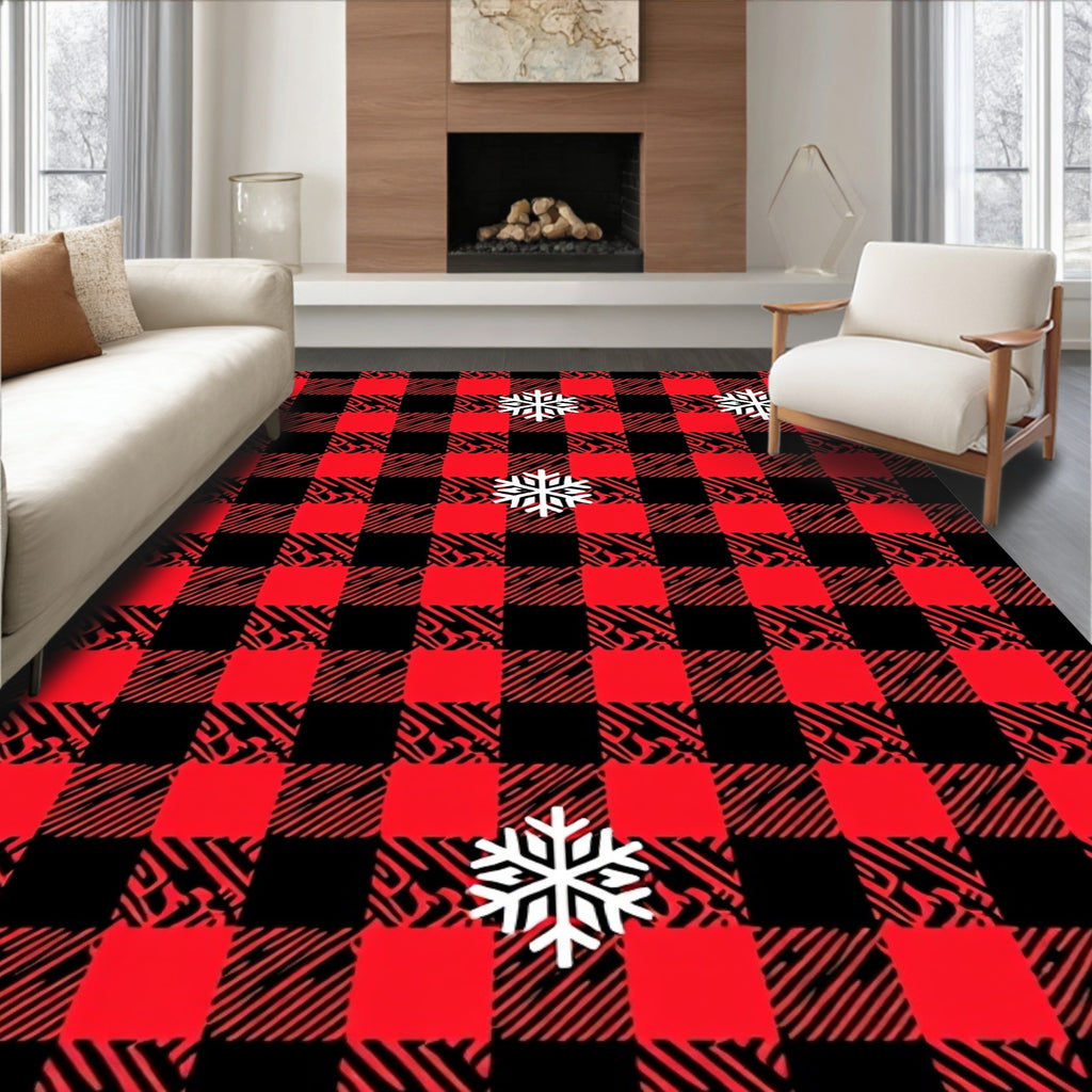 Red Black Buffalo Plaid Snowflakes Rug