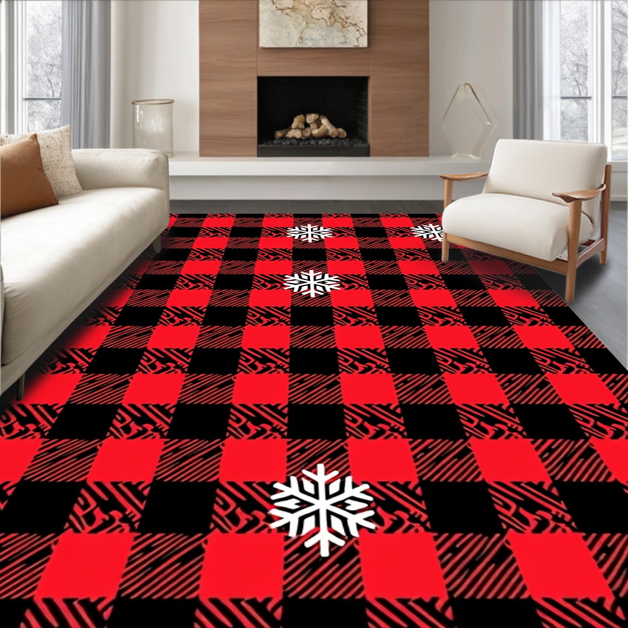 Red Black Buffalo Plaid Snowflakes Rug