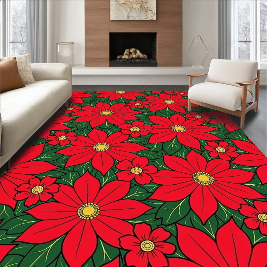 Vibrant Red Poinsettia Garland Rug