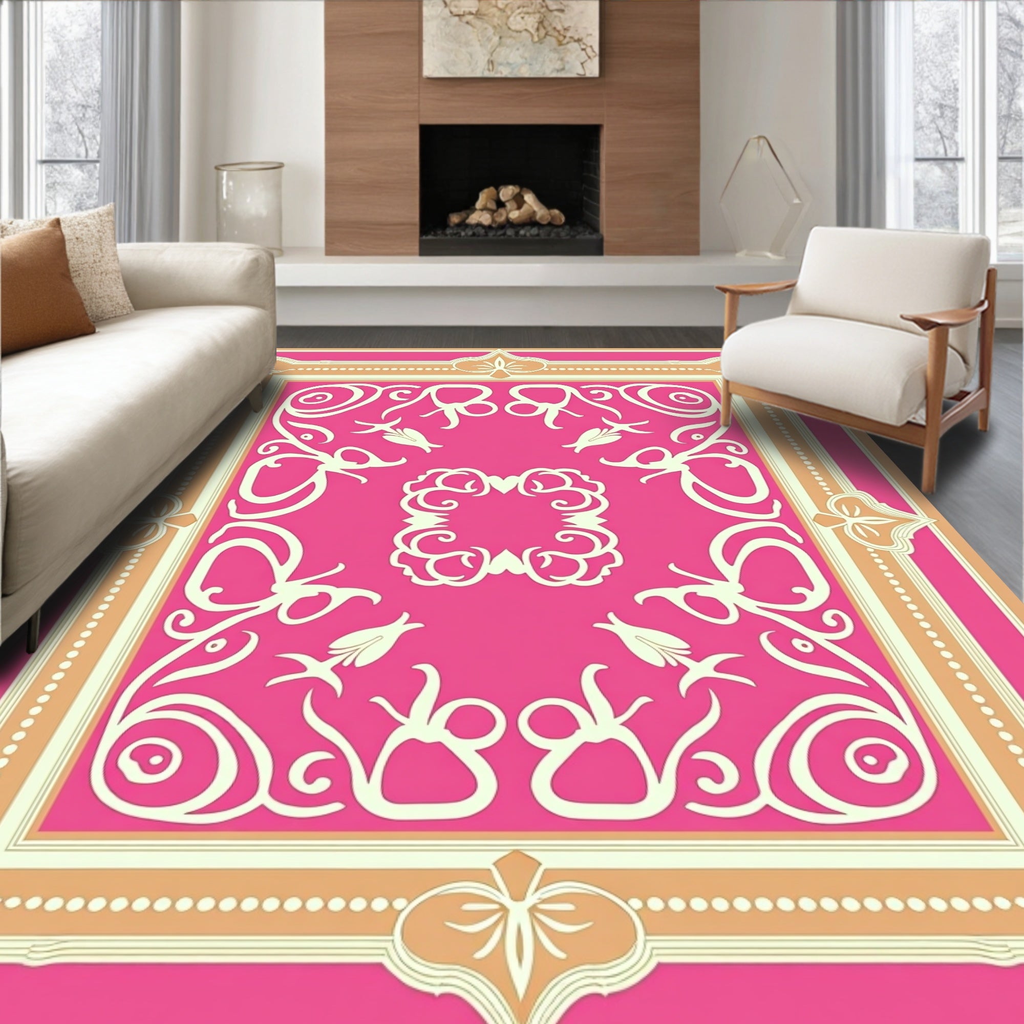 Hot Pink Ivory Floral Frame Rug