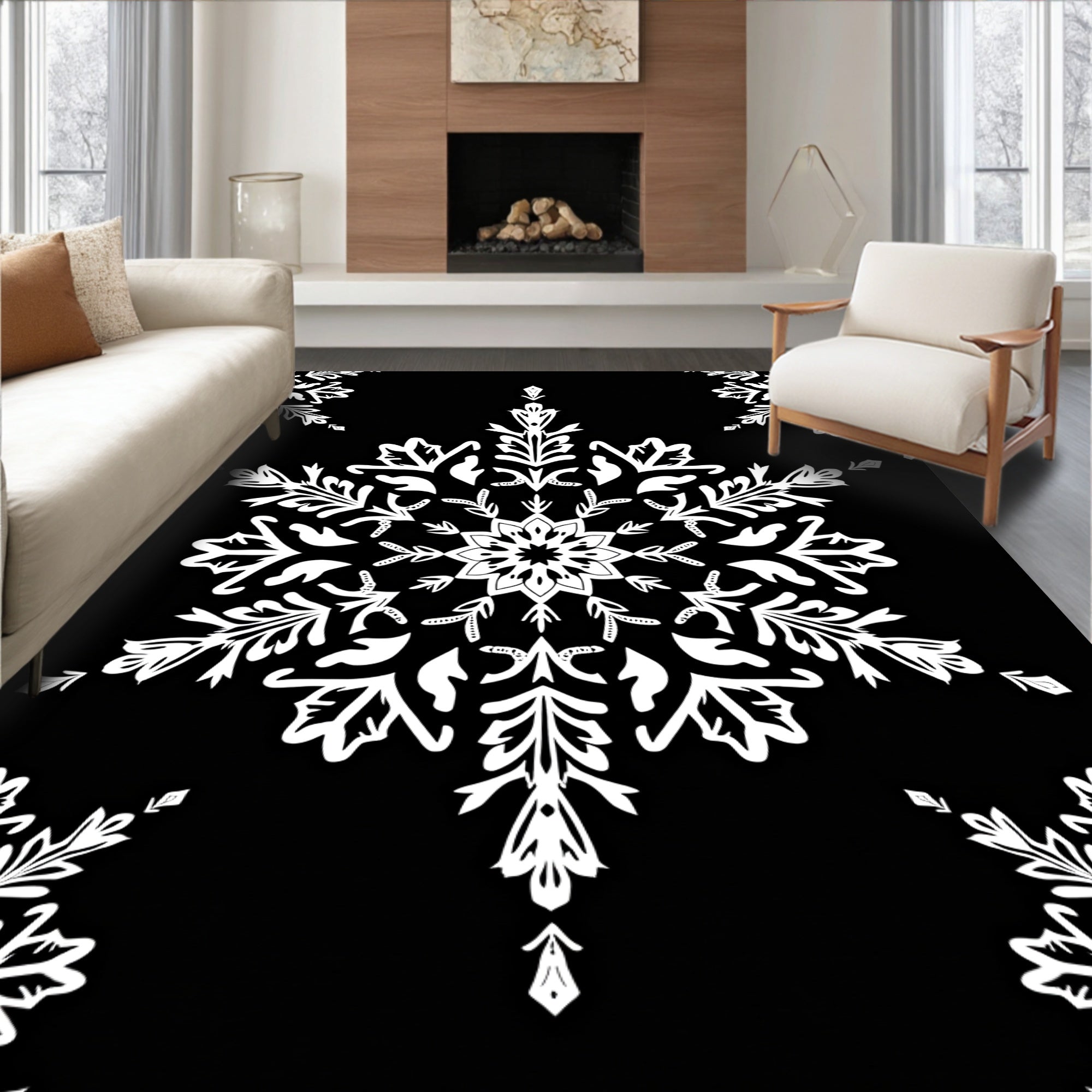 White Snowflake Mandala on Black Rug