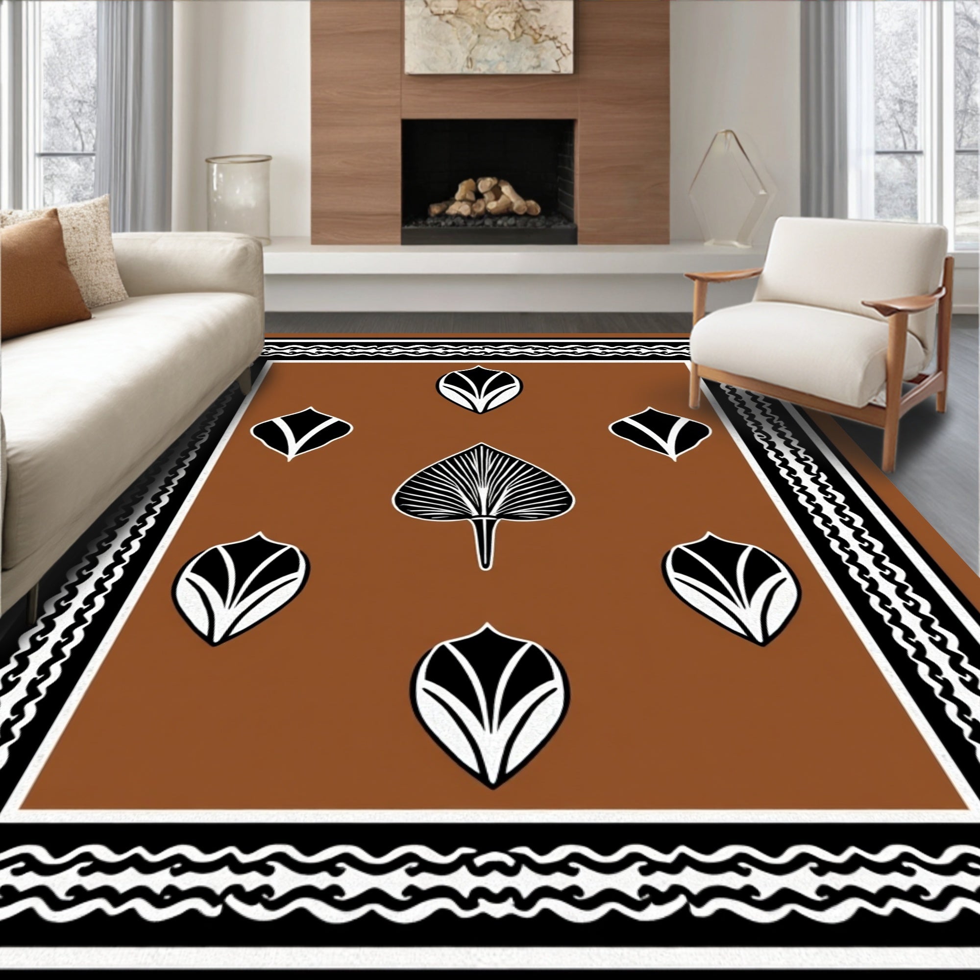 Rich Brown Botanical Leaf Arrangement Rug