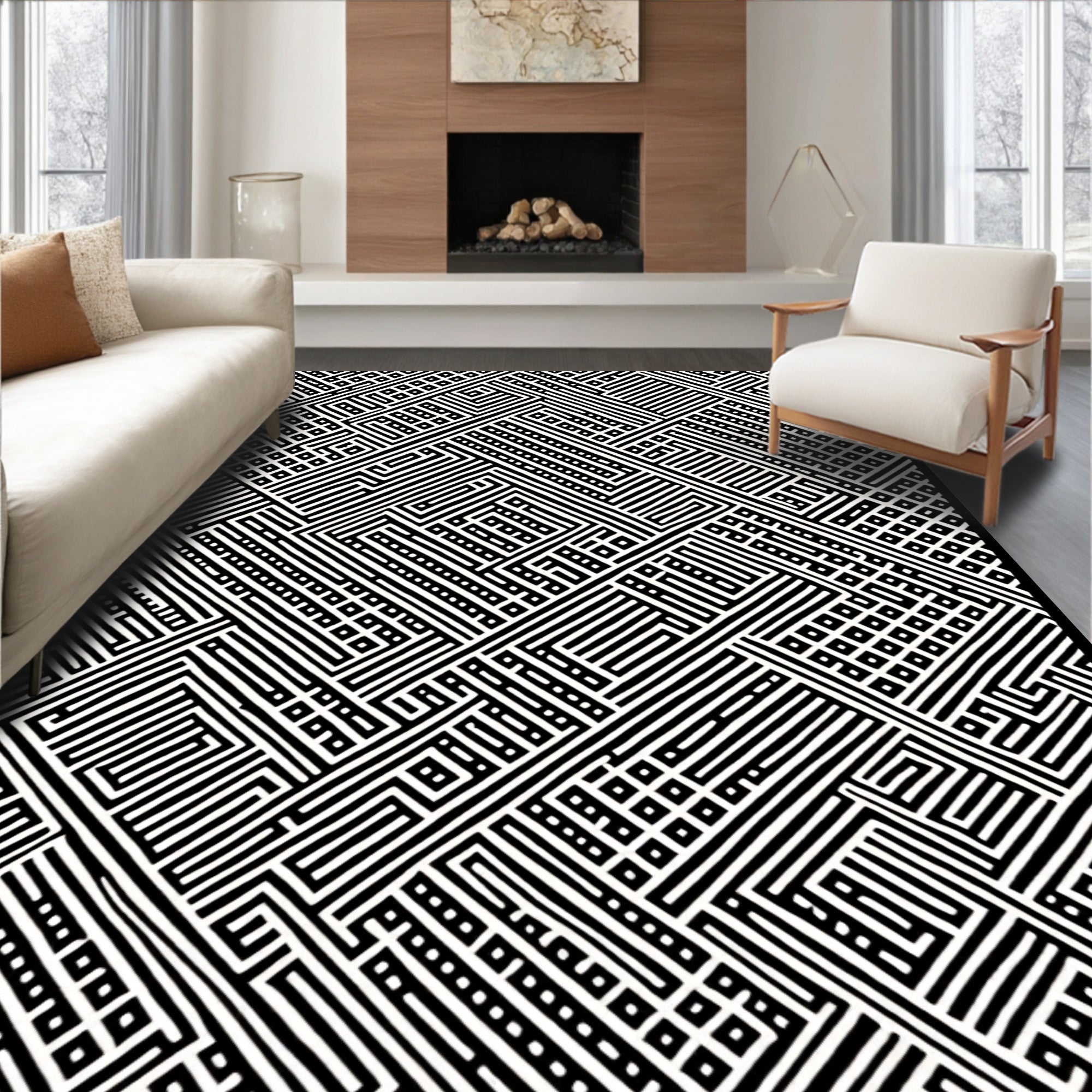 Black White Linear Maze Graphic Rug