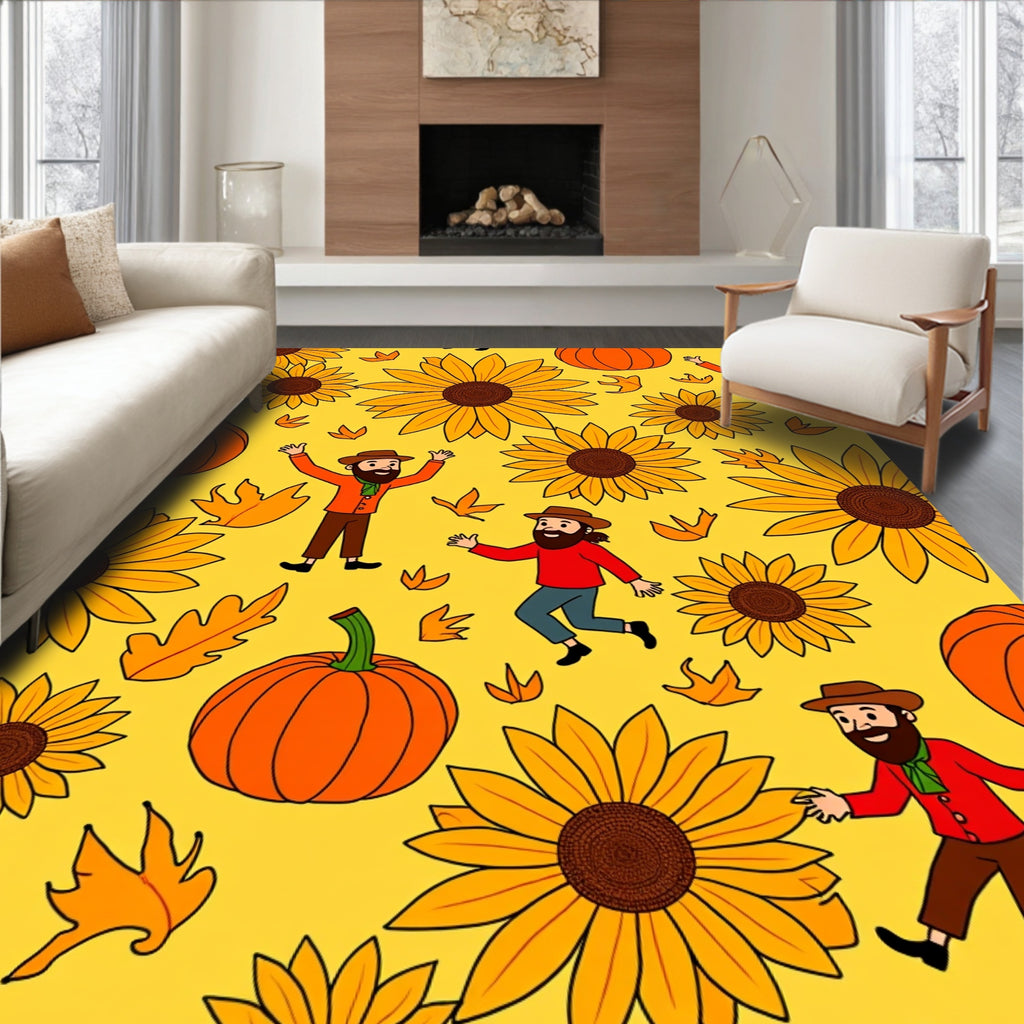 Autumnal Pumpkins Sunflowers Folks Yellow Rug