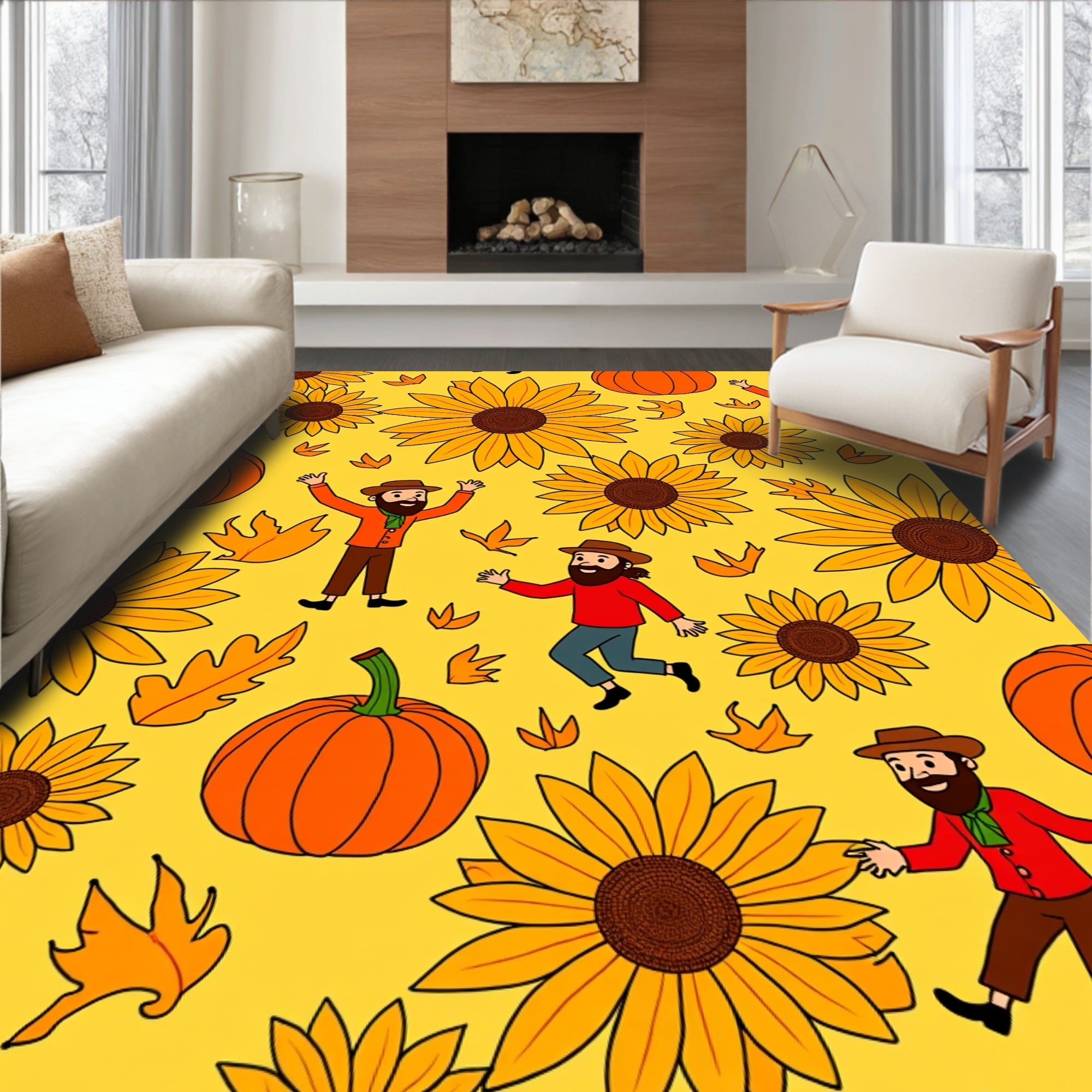 Autumnal Pumpkins Sunflowers Folks Yellow Rug