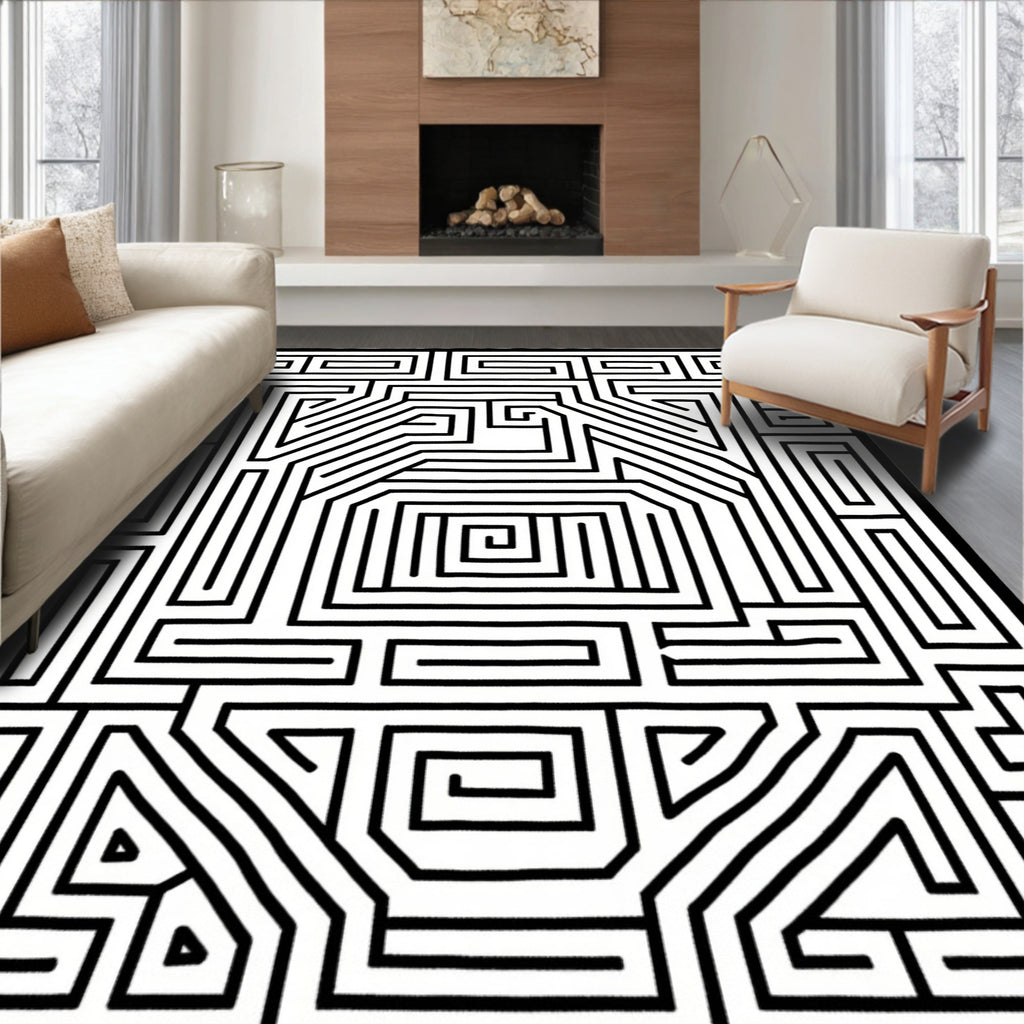 Bold Labyrinth Black White Lines Rug