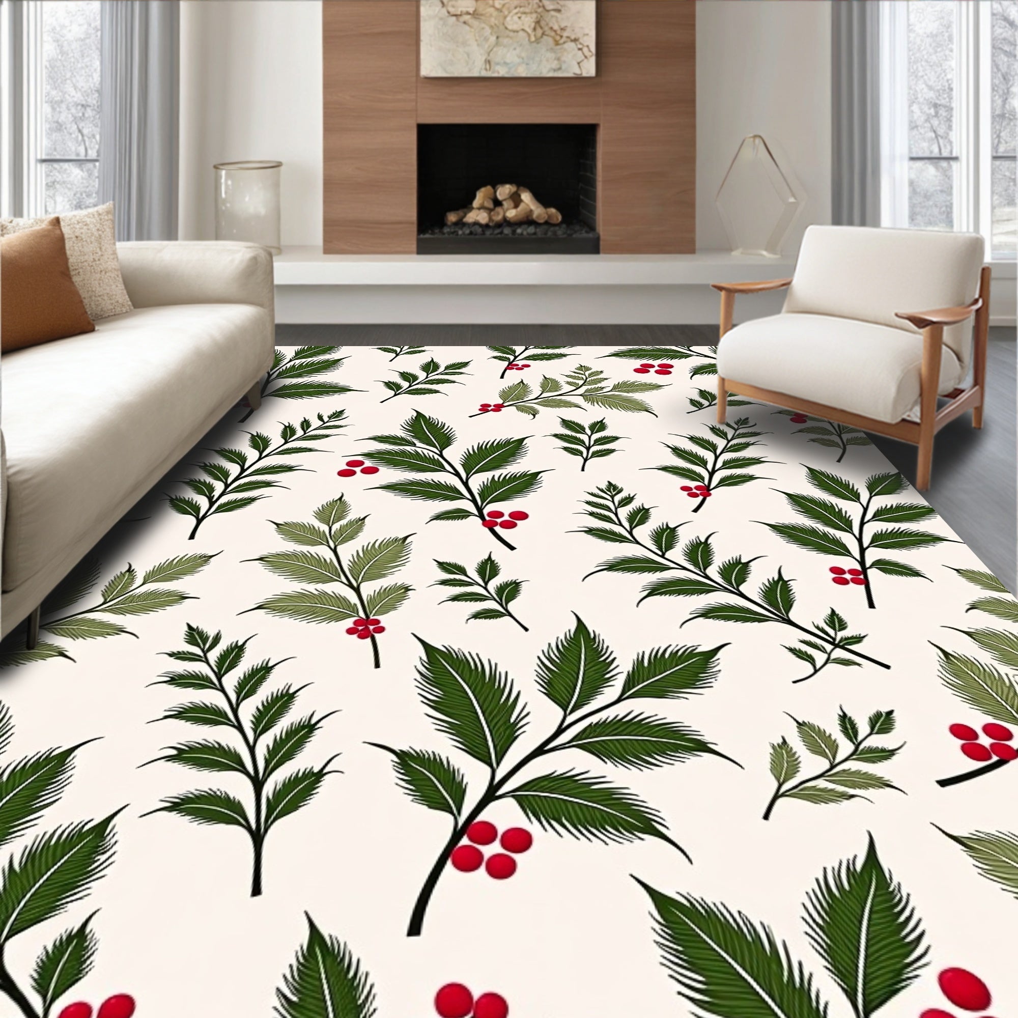 Green Branch Red Berry Botanical Rug