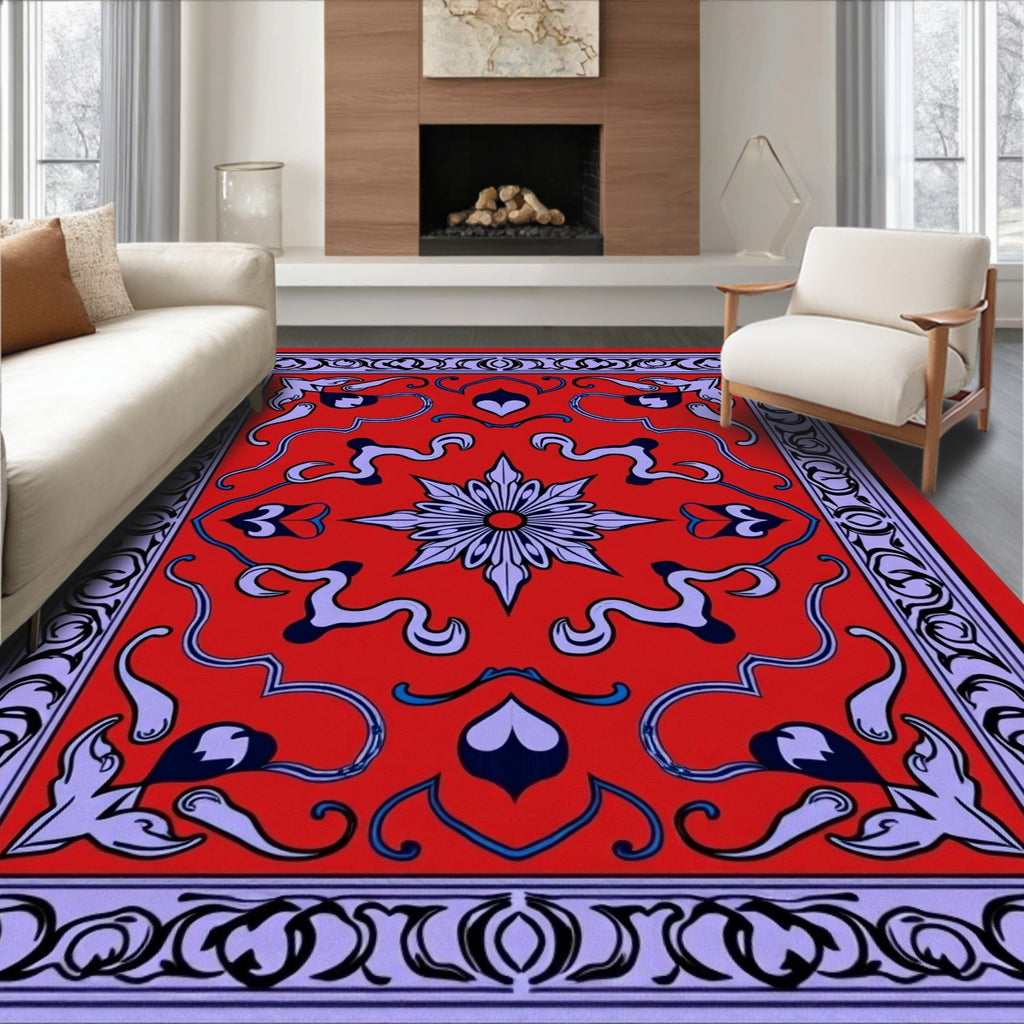 Crimson Indigo Floral Starburst Border Rug