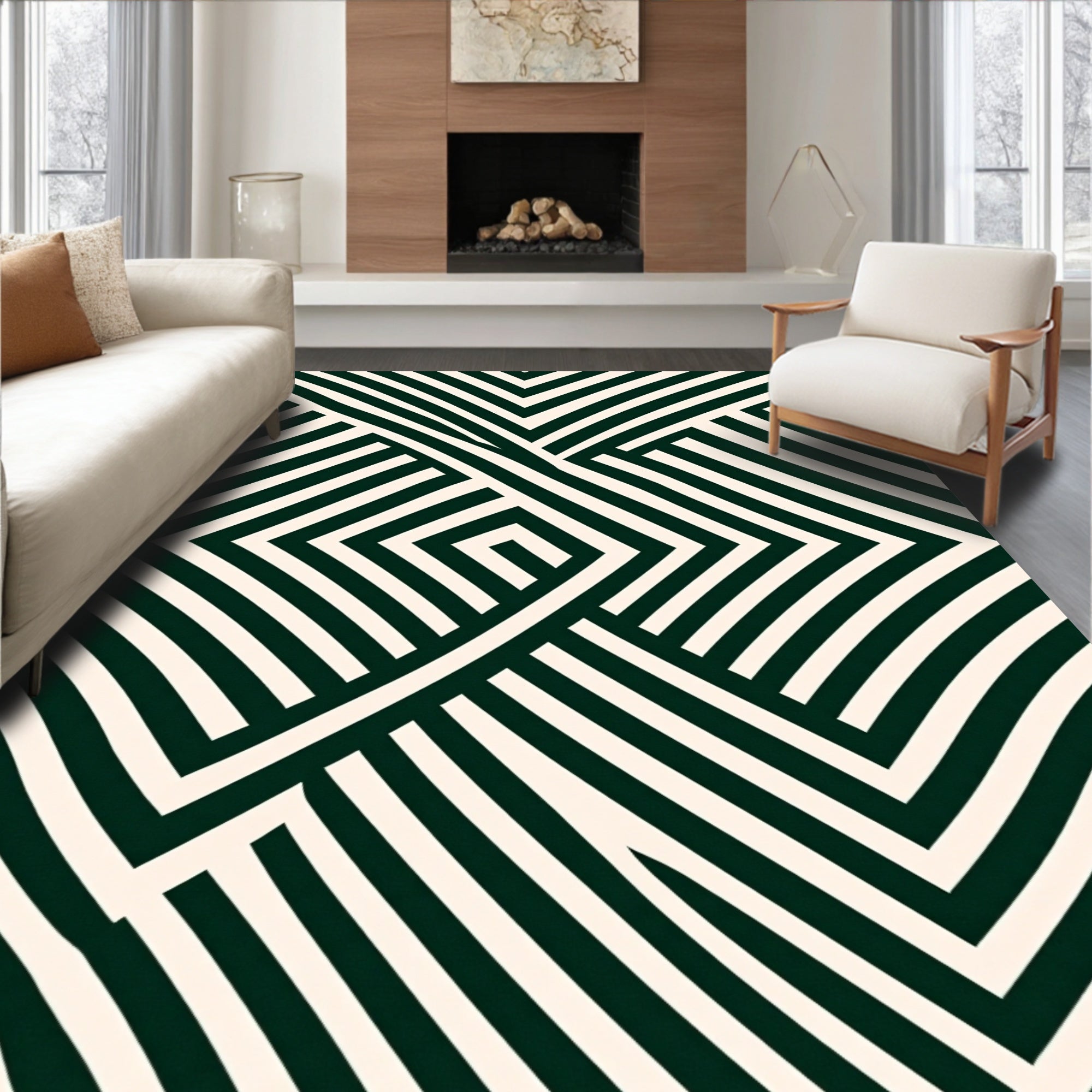Dark Green Ivory Geometric Weave Rug