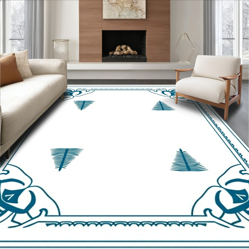 Teal Art Deco Floral Border Rug