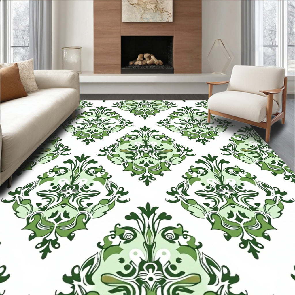 Ornate Green Damask Garden Rug