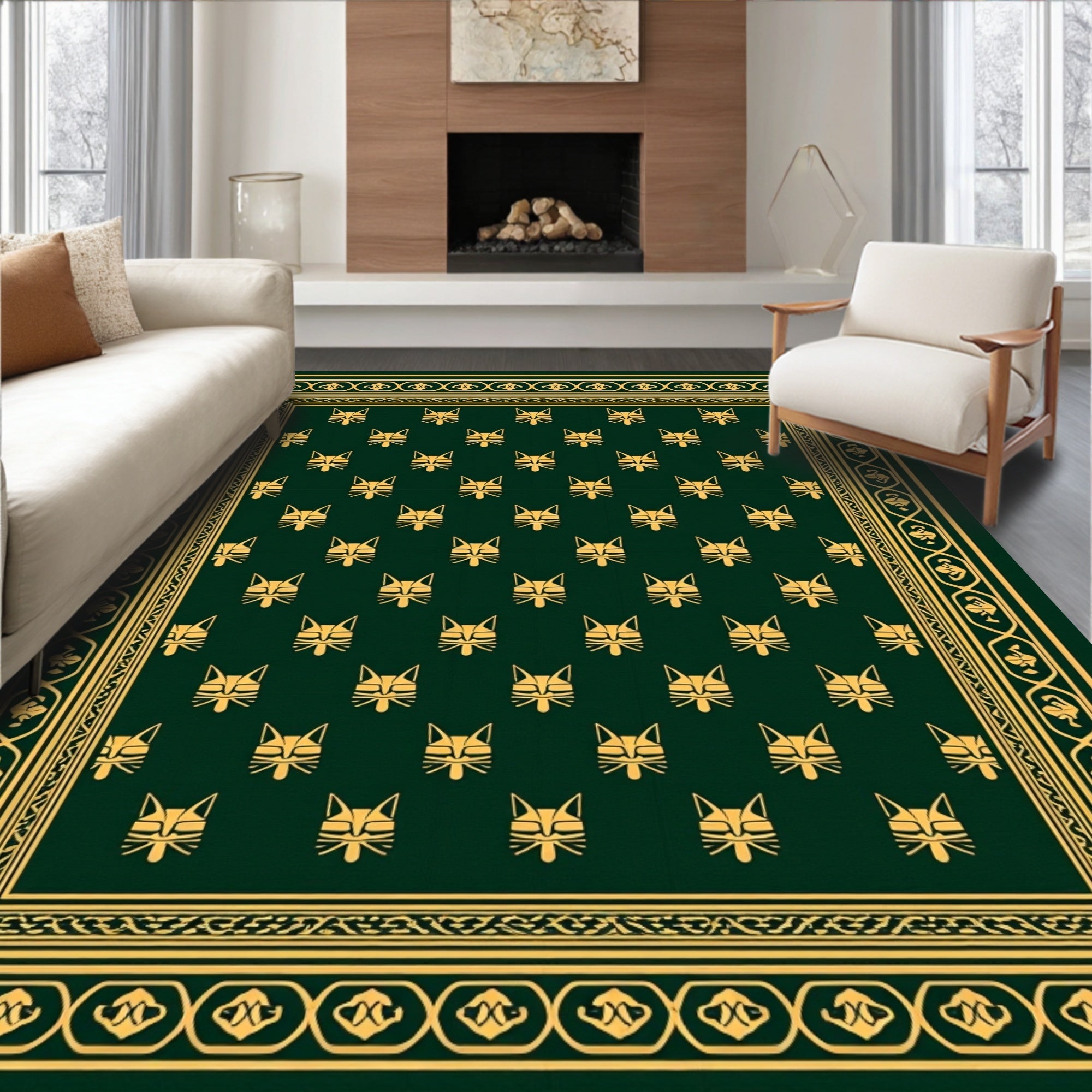 Dark Green Gold Cat Head Print Rug