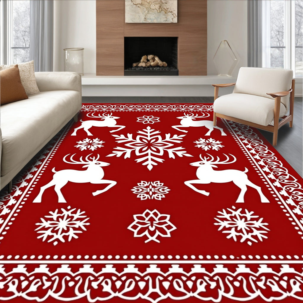 Festive Red Reindeer Snowflake Border Rug