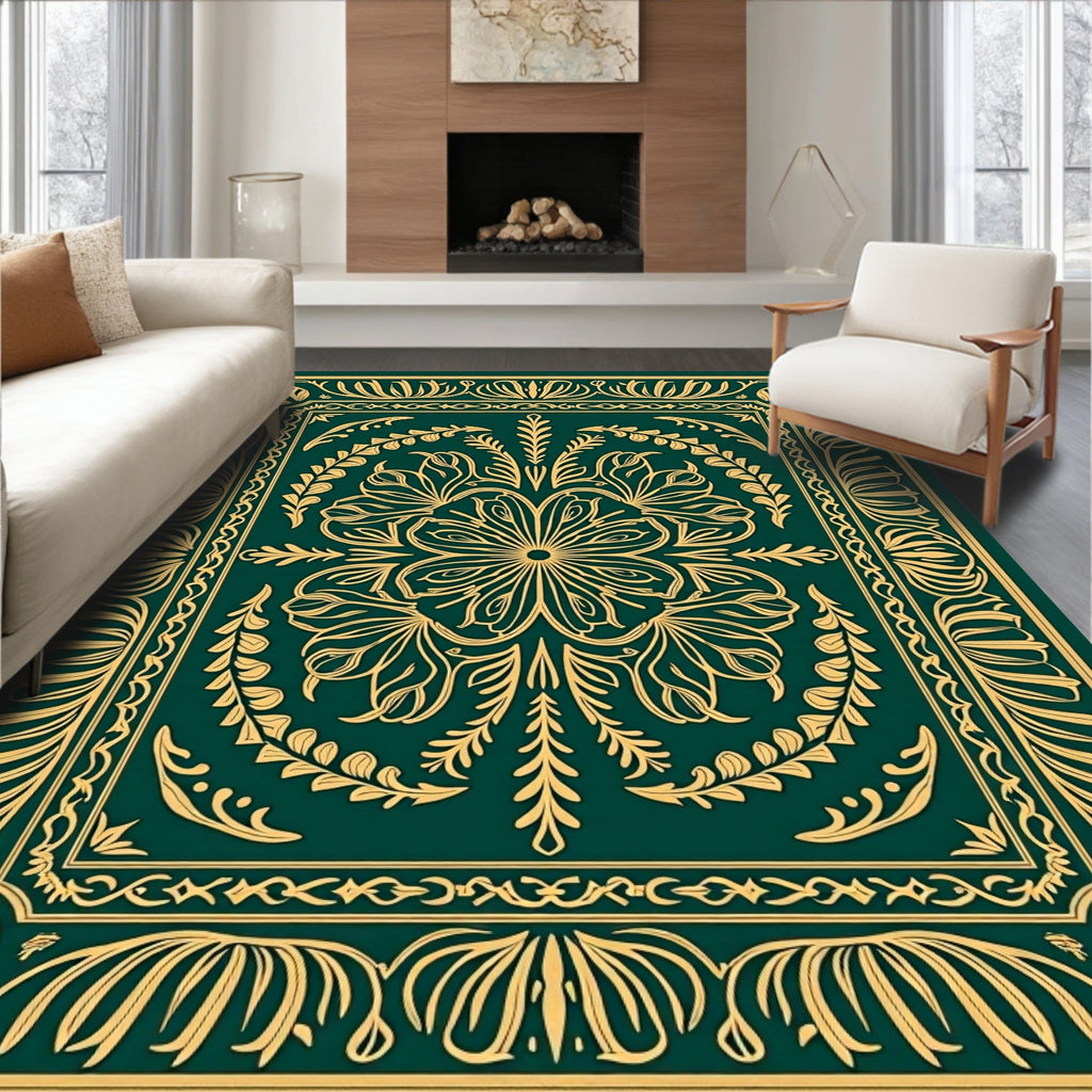 Emerald Gold Floral Medallion Border Rug