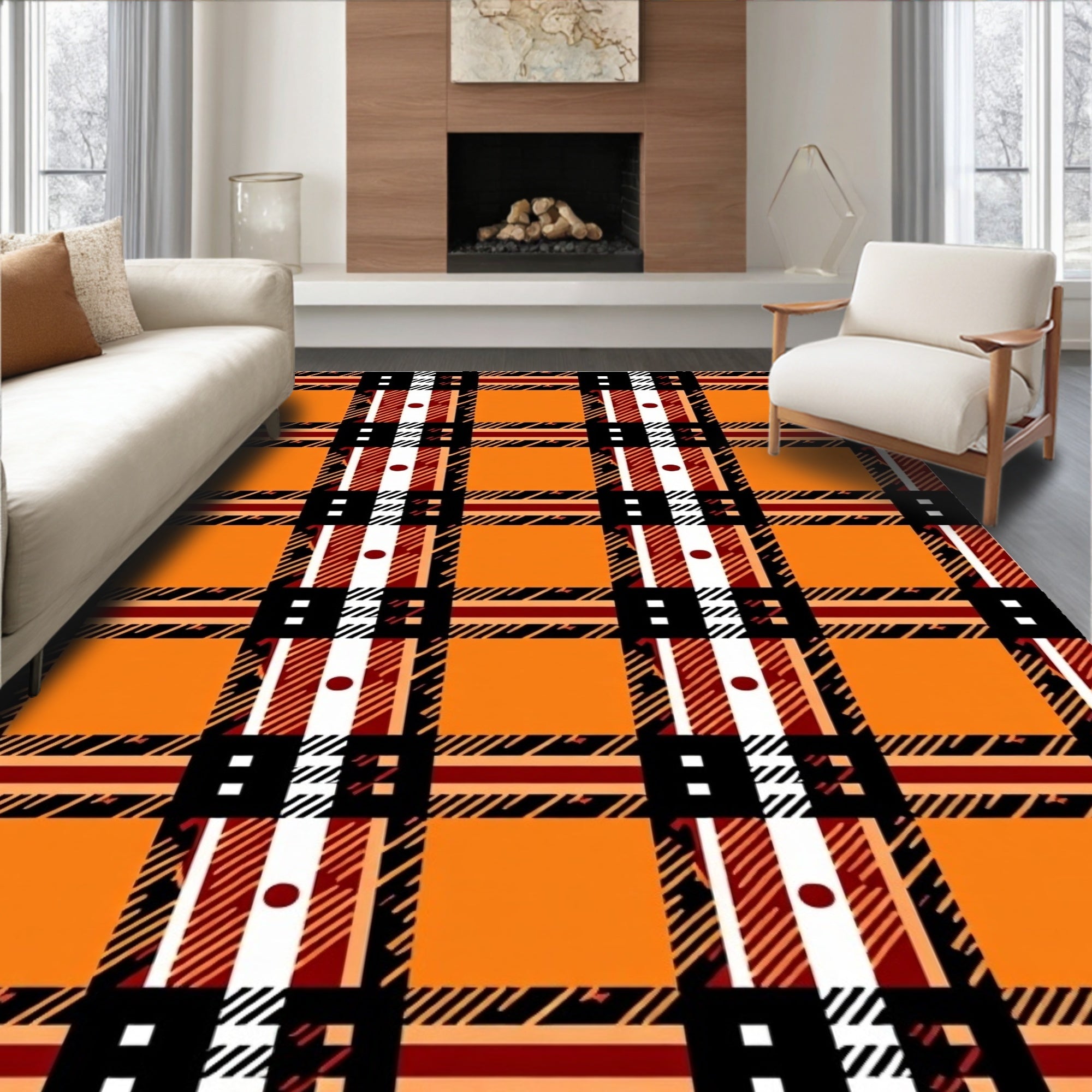 Bold Orange Plaid Squares Rug