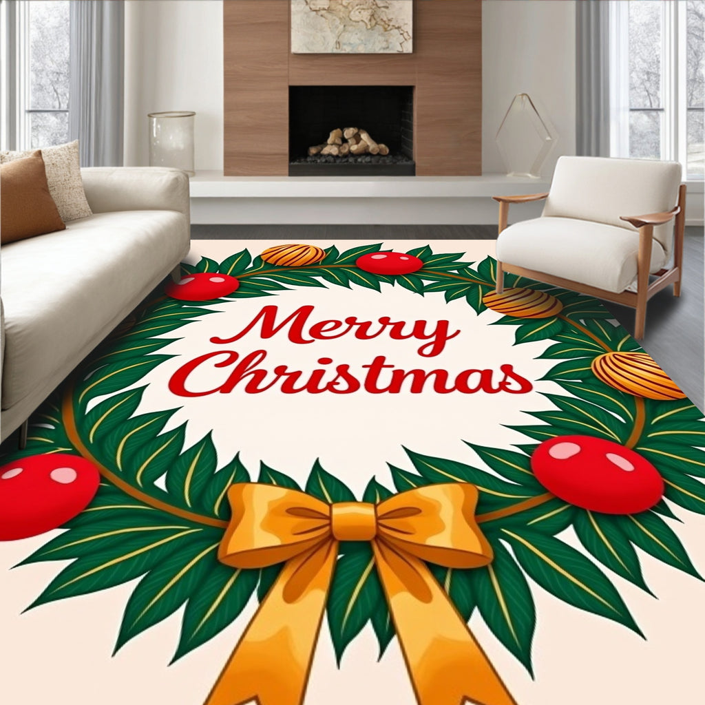 Festive Red Green Ornament Wreath Rug