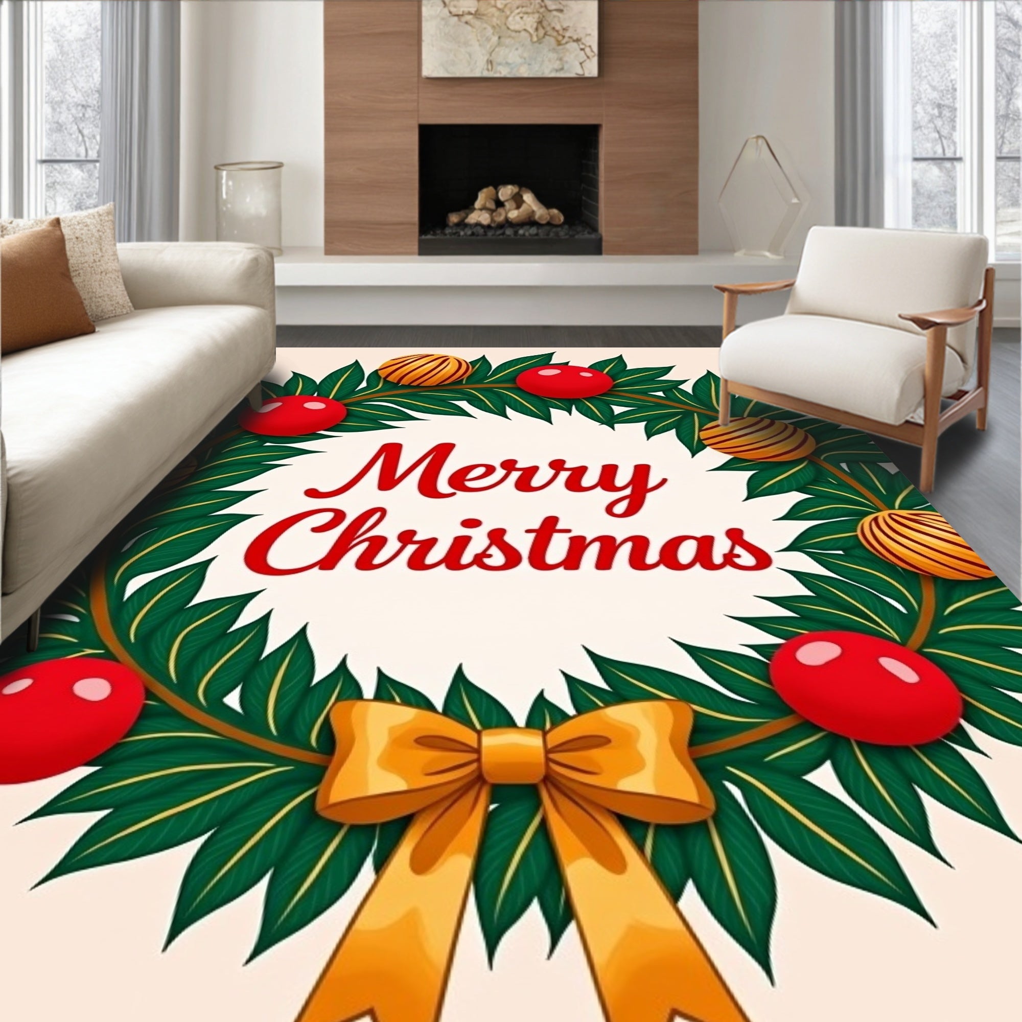 Festive Red Green Ornament Wreath Rug