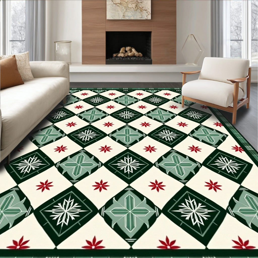 Traditional Red Green Diamond Starburst Plaid Rug