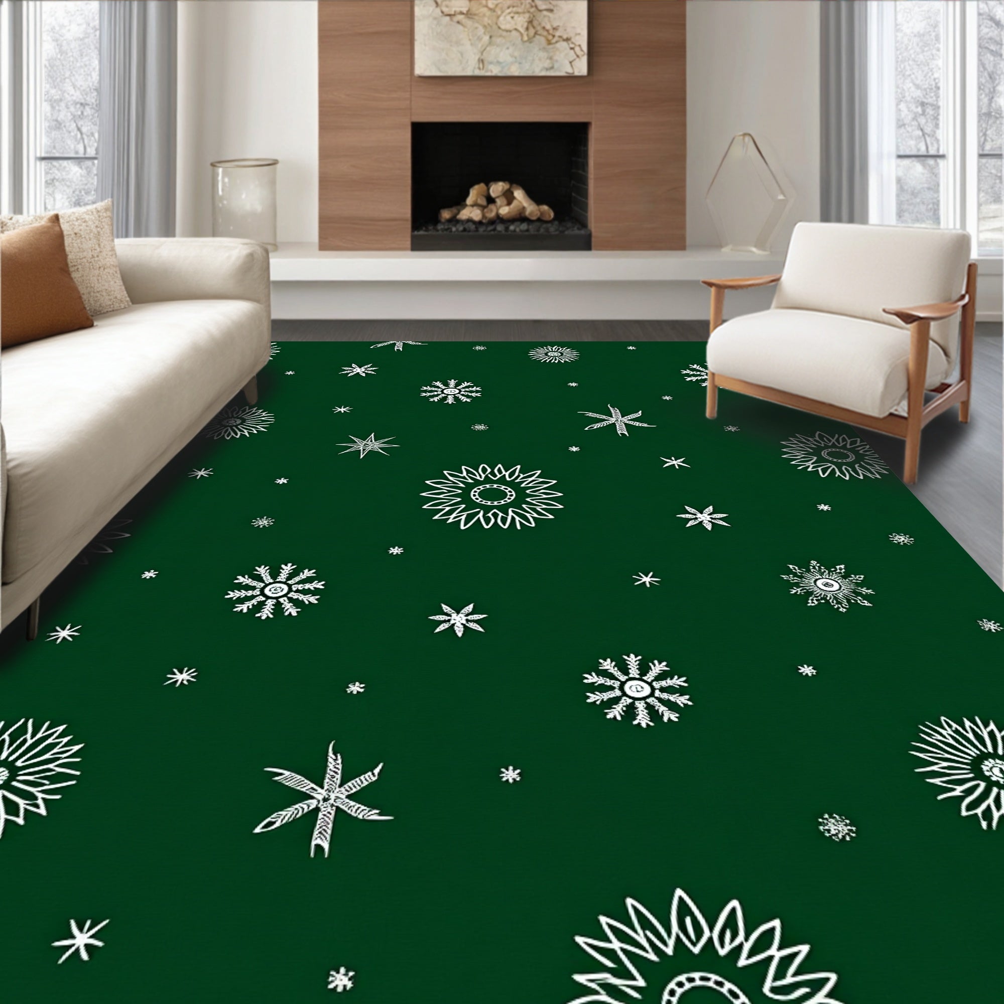 White Snowflake Winter Emerald Field Rug