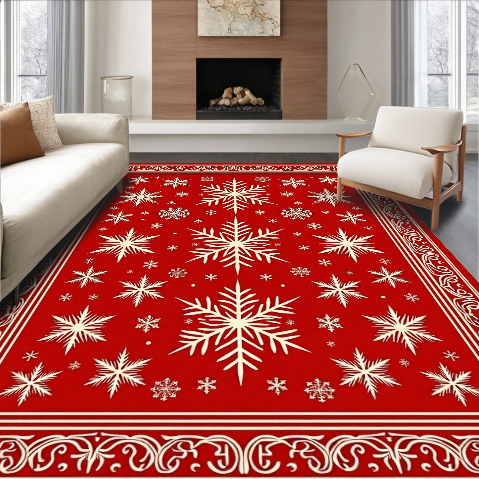 Crimson Snowflake Festive Border Rug