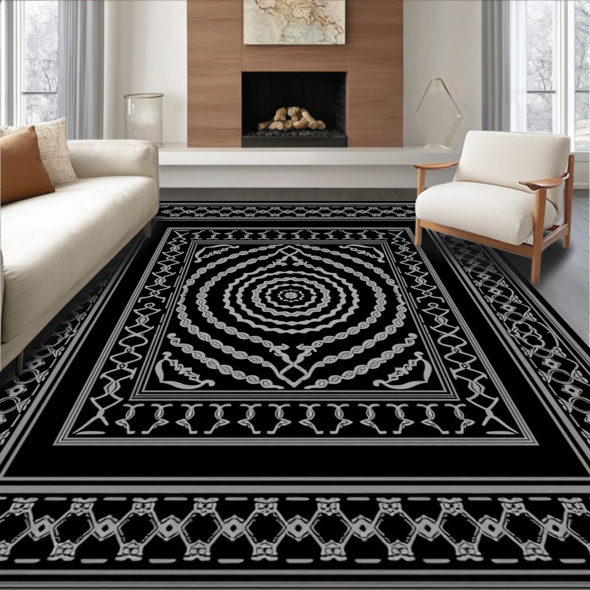 Ornate Black and White Geometric Mandala Rug