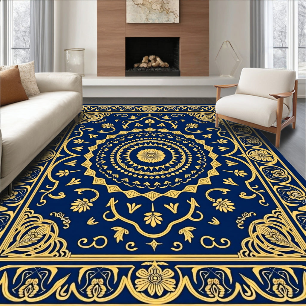 Ornate Navy Gold Mandala Rug