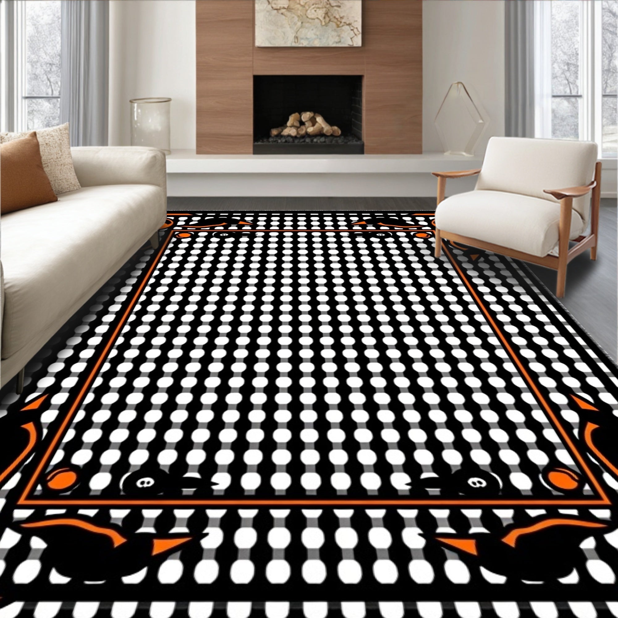 Spooky Halloween Orange Black Pumpkin Bats Rug