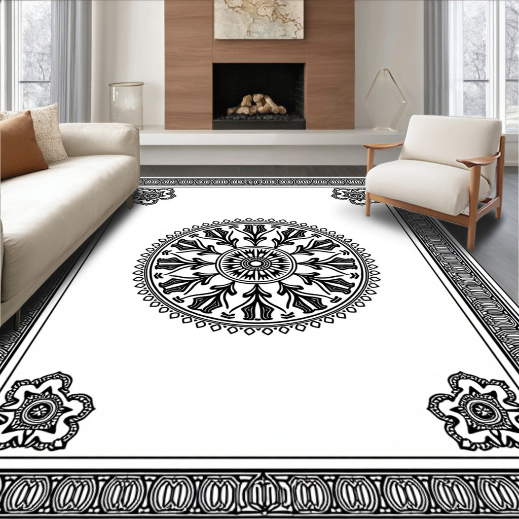 Ornate Black Medallion Border Rug