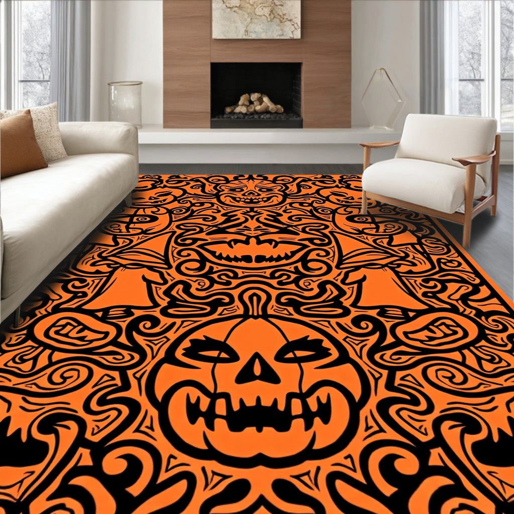 Spooky Orange Halloween Jack O Lantern Bat Rug