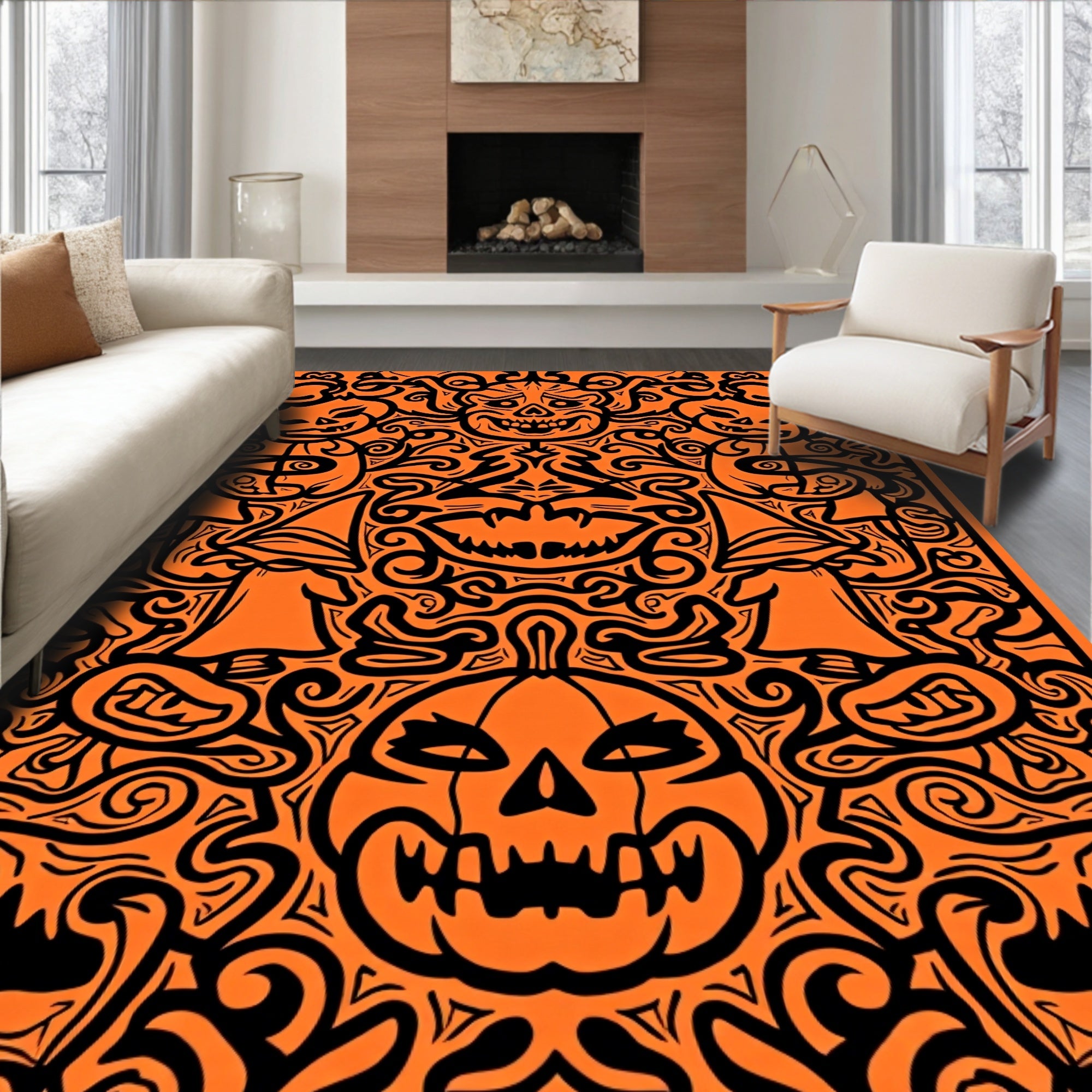 Spooky Orange Halloween Jack O Lantern Bat Rug