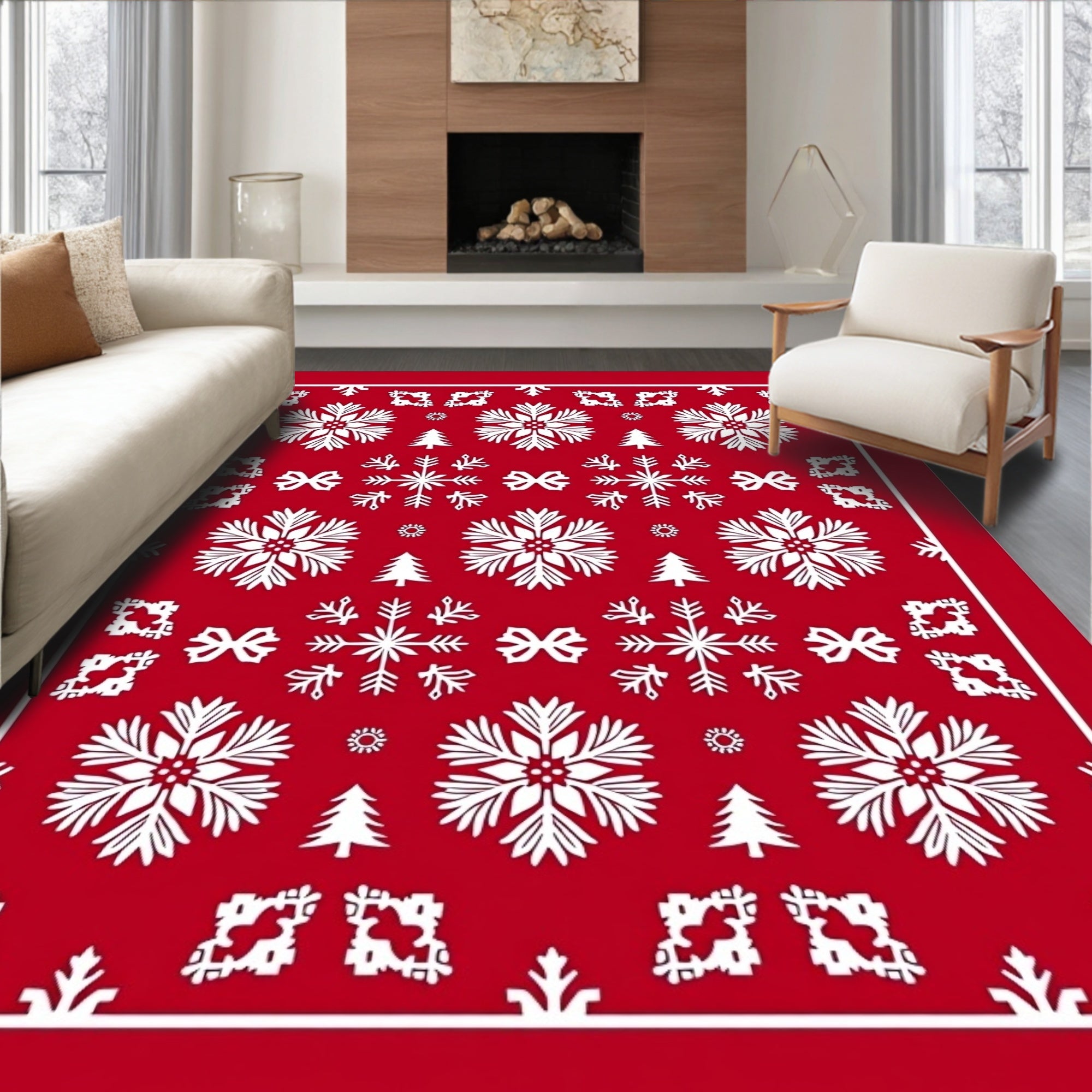 Crimson Snowflakes and Trees Holiday Rug