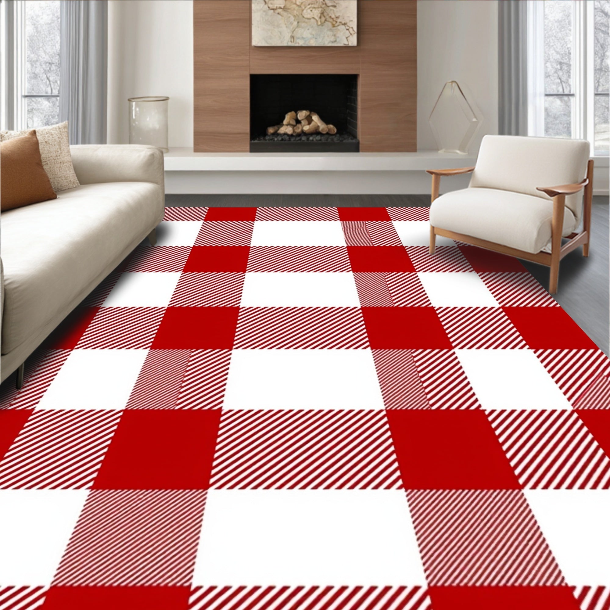 Crimson White Plaid Checkered Squares Rug