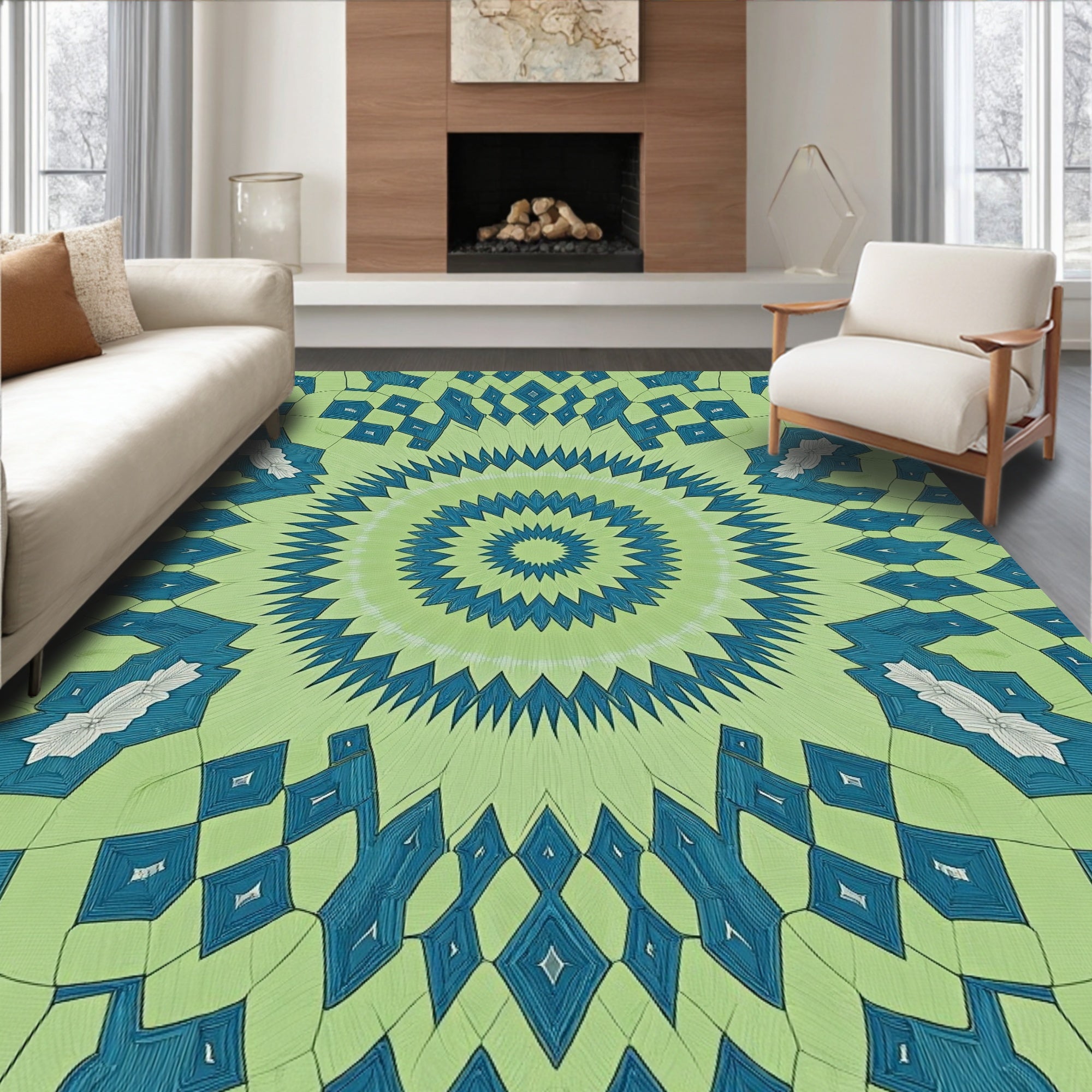 Mint Geometric Medallion Sunburst Rug