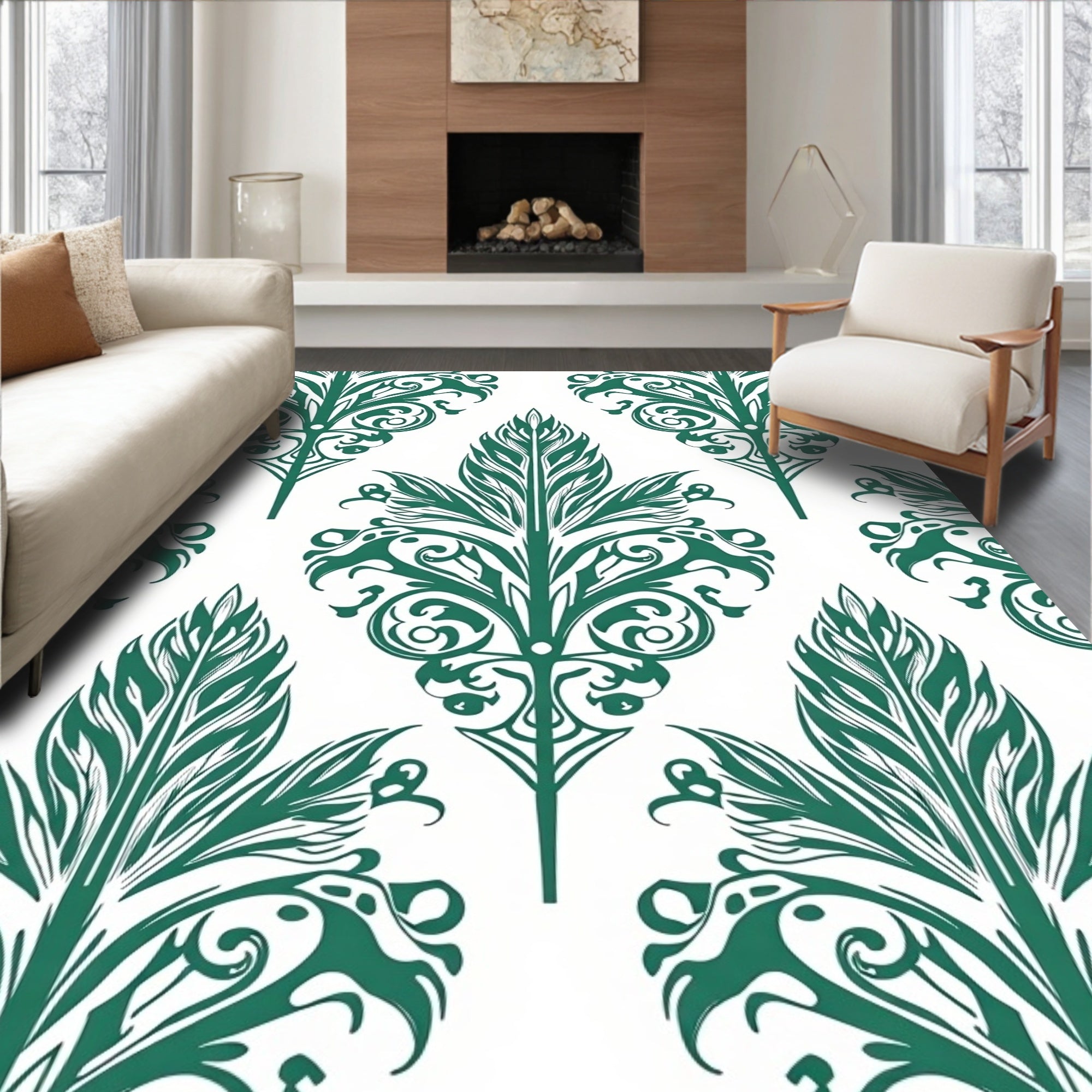 Deep Emerald Leaf Damask Rug