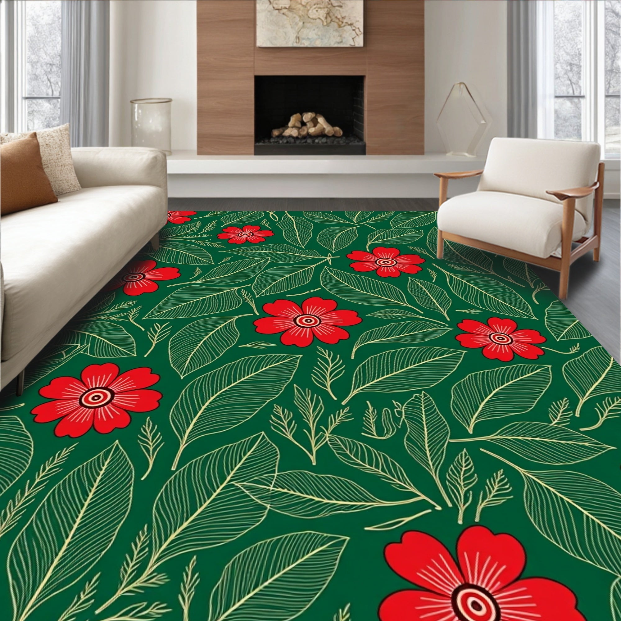Crimson Floral Leafy Garland Rug