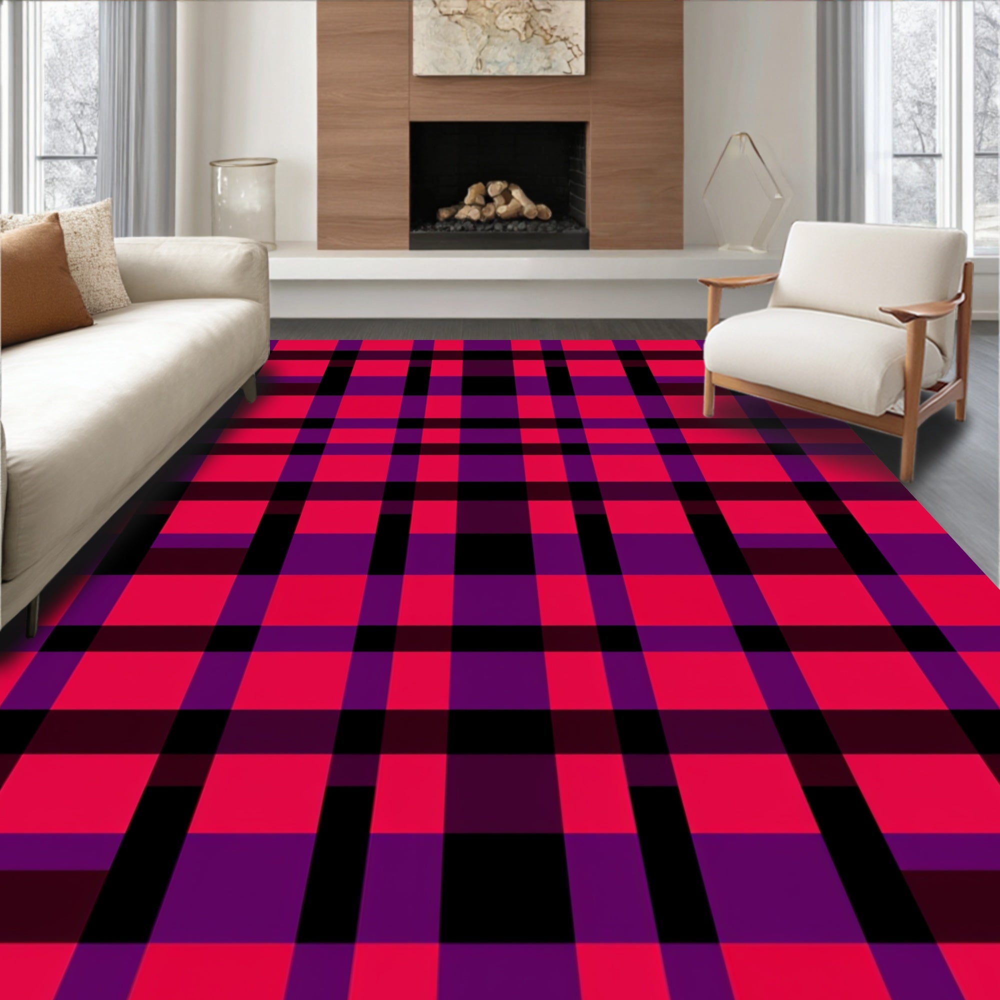 Vibrant Red Purple Plaid Checkered Rug