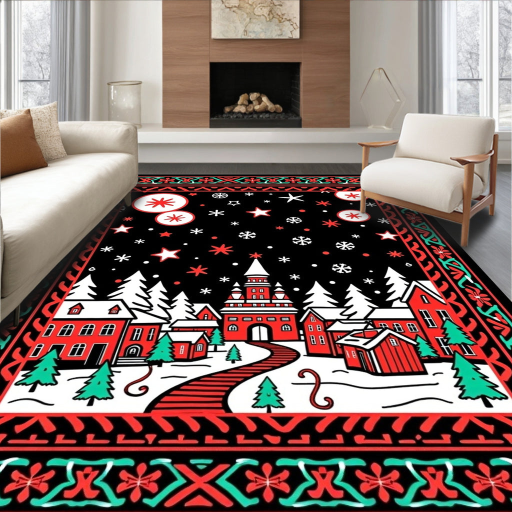 Crimson Red Winter Village Snowflakes Rug
